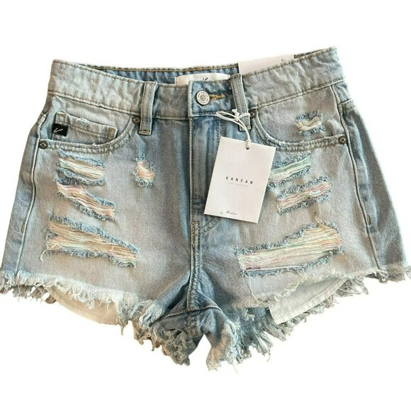 Kancan High Rise Distressed Jean Shorts 0 / 23 Denim Light Wash Colored NWT - Picture 1 of 4